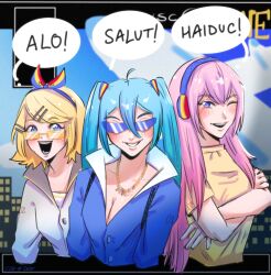  3girls :d ahoge album_cover_redraw alternate_costume blonde_hair blue_shirt breasts cleavage cropped_torso crossed_arms derivative_work dragostea_din_tei english_text essi_dee grey_jacket hair_between_eyes hair_ornament hairclip hatsune_miku headphones highres jacket jewelry kagamine_rin large_breasts long_hair megurine_luka multiple_girls necklace o-zone_(group) pink_hair rainbow_print shiny_skin shirt smile speech_bubble sunglasses upper_body vocaloid yellow_shirt 