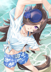  animal_ears arm_up beach black_hair blue_flower blue_hat blue_rose blue_shorts blush breasts brown_hair collarbone commentary_request drawstring female floral_print flower gaze_on_me!_outfit_(umamusume) hair_ornament hair_over_one_eye hand_on_own_hip hat hat_flower horse_ears horse_girl horse_tail leaning_to_the_side lens_flare long_hair looking_at_viewer midriff miri_(ago550421) navel ocean parted_lips print_shorts purple_eyes revision rice_shower_(umamusume) rose shirt short_shorts short_sleeves shorts signature small_breasts solo standing stretching tail tied_shirt tilted_headwear umamusume very_long_hair water white_shirt 