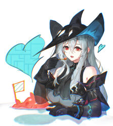  absurdres arknights ascot bare_shoulders black_gloves black_hat black_shirt black_sleeves blue_hat breasts chinese_commentary chromatic_aberration commentary_request detached_sleeves female gloves grey_hair hair_between_eyes hand_up hat heart highres holding holding_spoon infection_monitor_(arknights) long_hair long_sleeves mizuumi_nama open_mouth red_eyes ribbon_trim shirt sidelocks skadi_(arknights) skadi_(elite_ii)_(arknights) sleeveless sleeveless_shirt smile solo spoon two-sided_fabric two-sided_headwear upper_body white_background 