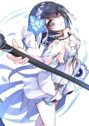  absurdres black_hair blue_eyes blue_flower breasts closed_mouth colored_inner_hair commentary dress feet_out_of_frame female flower from_above hair_flower hair_ornament highres holding holding_scythe honkai_(series) honkai_impact_3rd kamishiro_noa multicolored_hair scythe seele_vollerei seele_vollerei_(herrscher_of_rebirth) short_hair simple_background sleeveless sleeveless_dress small_breasts solo white_background white_dress 