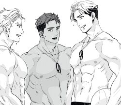  3boys abs aki_(supekutooru) ball bara commentary_request dog_tags facial_hair greyscale highres hiro_aulii holding holding_ball large_pectorals lewis_smith male_focus monochrome multiple_boys muscular muscular_male navel nipples pectorals ryouma_arakai sideburns_stubble stubble topless_male twitter_username undercut upper_body volleyball_(object) white_background yuuki_bakuhatsu_bang_bravern 