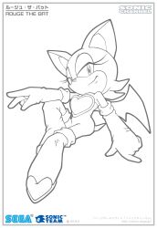  absurdres animal_ears animal_nose bat_girl breasts character_name closed_mouth copyright_notice elbow_gloves eyelashes female full_body furry furry_female gloves greyscale highres line_art looking_at_viewer monochrome official_art rouge_the_bat sega simple_background solo sonic_(series) sonic_(series) sonic_channel strapless tail transparent_background uekawa_yuji web_address 