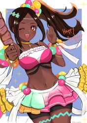  bare_shoulders bracelet breasts brown_hair crop_top dark-skinned_female dark_skin eyeshadow female fire_emblem fire_emblem_engage food hair_ornament happy_birthday highres holding holding_skewer jewelry long_hair looking_at_viewer makeup meat medium_breasts midriff navel open_mouth otokajife pearl_belt pearl_bracelet pearl_hair_ornament pink_eyeshadow ponytail skewer smile solo star-shaped_pupils star_(symbol) symbol-shaped_pupils timerra_(fire_emblem) 