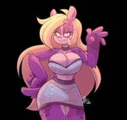  anthro bear big_breasts black_background blonde_hair blooper_(dooper64) blue_bottomwear blue_clothing blue_eyes blue_skirt blue_topwear bottomwear breasts cleavage clothed clothing eyelashes eyeliner female fur giant_panda gogomrdodo hair hi_res long_hair makeup mammal purple_body purple_fur simple_background skirt smile solo topwear white_body white_fur 