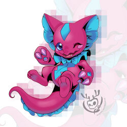  1:1 absurd_res anthro bandai_namco blue_eyes bow_tie claws digimon digimon_(species) elizamon frill_(anatomy) hi_res membrane_(anatomy) membranous_frill one_eye_closed pink_body pink_scales piratesylph scales scalie solo wink 