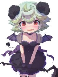  absurdres back_ribbon black_dress black_gloves black_thighhighs blush breasts buttons choker collarbone demon_horns demon_tail demon_wings dress fake_horns fake_tail fake_wings female gloves green_hair highres holding holding_staff horns looking_at_viewer made_in_abyss medium_breasts multicolored_hair oerba_yun_fang official_alternate_costume open_mouth prushka puffy_short_sleeves puffy_sleeves purple_choker purple_ribbon purple_trim purple_wings red_eyes ribbon sekaineko_001 short_hair short_sleeves simple_background smile solo staff streaked_hair tail thighhighs white_background white_hair wings 