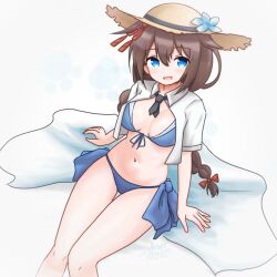  aaoi bikini black_necktie blue_bikini blue_eyes braid breasts brown_hair brown_hat collared_shirt dress_shirt female front-tie_bikini_top front-tie_top hair_between_eyes hair_flaps hat highres kantai_collection long_hair looking_at_viewer medium_breasts necktie official_alternate_costume open_clothes open_shirt shigure_(kancolle) shigure_kai_san_(kancolle) shigure_kai_san_(swimsuit)_(kancolle) shirt side-tie_bikini_bottom simple_background single_braid sitting smile solo straw_hat sun_hat swimsuit thigh_gap white_background white_shirt 