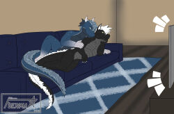  absurd_res anthro boyfriends cuddling dragon electronics furniture hi_res mythological_creature mythological_scalie mythology patreon reward scalie sofa television 