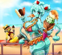  absurd_res accessory ass beach benni_(morbidlycutecrunch) big_breasts bikini breasts chiyo_(morbidlycutecrunch) clothing day dessert duo eating female food goo_creature goo_humanoid green_body hair_accessory hair_ribbon heart_eyes heart_symbol hi_res holding_food holding_ice_cream holding_object holding_popsicle humanoid ice_cream morbidlycutecrunch popsicle popsicle_in_mouth red_ribbon ribbons sea sky sun swimwear thick_thighs two-piece_swimsuit water yellow_body 