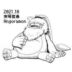  ahoge angoramon anthro bandai_namco digimon digimon_(species) digimon_ghost_game fluffy hair hair_over_eyes kokofuyu148655 lagomorph leporid long_ears male mammal pawpads ponytail_ears rabbit sitting sleeping solo 