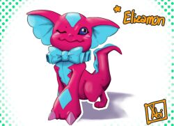  anthro bandai_namco blue_eyes bow_tie claws digimon digimon_(species) elizamon frill_(anatomy) hi_res one_eye_closed pink_body pink_scales scales scalie smile solo wink xabimaruru 