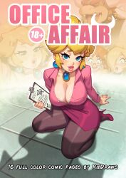  3girls absurdres blonde_hair blue_eyes bowser breasts brown_hair cleavage comic_cover commentary earrings english_commentary half-closed_eyes highres implied_sex jewelry large_breasts long_hair mario_(series) multiple_girls office_lady open_mouth parted_lips princess_daisy princess_peach riz rosalina surprised thick_eyebrows thick_lips wide-eyed 