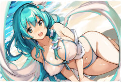  aqua_eyes aqua_hair asakura_maru beach bikini blush breasts cleavage collarbone commentary_request covered_nipples dutch_angle female frog_hair_ornament hair_ornament hairclip kochiya_sanae long_hair looking_at_viewer midriff navel nose_blush ocean open_mouth outdoors sand single_hair_tube smile snake_hair_ornament solo swimsuit touhou very_long_hair 