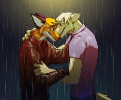  ail anthro canid canine canis captainskee clothing dingo duo eye_contact fox hug looking_at_another male mammal raining side_view smile standing wet wet_clothing 