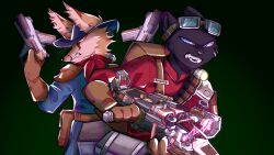  absurd_res anthro battle black_body black_fur black_nose blue_eyes brown_body brown_fur canid canine canine_ears claws clothing cowboy_hat deep_rock_galactic digital_media_(artwork) duo eyewear eyewear_on_head felid fennec_fox fierce fighting_pose fox fur gale_(galefoxy) ghost_ship_games gloves goggles goggles_on_head gun handgun handwear hat headgear headwear hi_res inner_ear_fluff male male/male mammal moujiiz name_tag one_eye_closed pantherine pawpads poncho pose ranged_weapon simple_background teeth true_fox tuft weapon whiskers white_body white_fur wink yellow_body yellow_eyes yellow_fur 