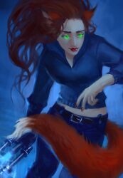  2018 5_fingers animal_humanoid belt belt_buckle bent_arm black_belt black_eyebrows blue_bottomwear blue_clothing blue_hoodie blue_pants blue_topwear bottomwear breasts buckle canid canid_humanoid canine canine_humanoid chirun clothing colored colored_nails digital_media_(artwork) digital_painting_(artwork) dipstick_tail eyebrows eyelashes female fingernails fingers flowing_hair fluffy fluffy_tail fox_humanoid glowing glowing_eyes hair hi_res holding_object holding_weapon hoodie humanoid julie_trevultz light lighting lips long_tail mammal mammal_humanoid markings midriff nails orange_fingernails orange_hair orange_nails orange_tail pants pockets red_lips shaded simple_background solo tail tail_markings tailed_humanoid tan_body tan_skin topwear weapon white_tail_tip 