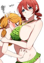  2girls @_@ absurdres aqua_eyes between_breasts bikini blush breast_envy breast_smother breasts brown_hair commentary_request drill_hair emma_verde face_between_breasts face_to_breasts freckles green_bikini hair_between_eyes head_between_breasts highres hug huge_breasts long_hair love_live! love_live!_nijigasaki_high_school_idol_club love_live!_superstar!! medium_breasts multiple_girls orange_bikini shibuya_kanon simple_background smile swimsuit tarakon trembling twin_drills white_background 