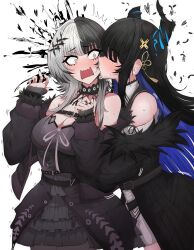  2girls ^^^ absurdres asymmetrical_horns belt black_belt black_choker black_dress black_flower black_gloves black_hair black_horns black_jacket black_nails blue_hair blush breasts chest_belt choker cleavage closed_eyes clothing_cutout colored_inner_hair commentary constricted_pupils cowboy_shot demon_horns dress english_commentary falling_feathers feathers fingernails flower fur-trimmed_jacket fur-trimmed_sleeves fur_trim furrowed_brow gloves grey_hair hair_ornament hand_on_another&#039;s_stomach hands_up heart highres hololive hololive_english horn_flower horns jacket jewelry kissing kissing_cheek lace lace_choker large_breasts long_fingernails long_hair long_sleeves mayoa mole mole_under_eye motion_lines multicolored_hair multiple_girls multiple_rings nail_polish nerissa_ravencroft nerissa_ravencroft_(1st_costume) off_shoulder open_clothes open_jacket open_mouth ring romaji_text shiori_novella shiori_novella_(1st_costume) shoulder_cutout simple_background split-color_hair standing surprised tassel tassel_hair_ornament two-tone_hair uneven_horns very_long_hair virtual_youtuber wavy_mouth white_background wide-eyed yellow_eyes yuri 