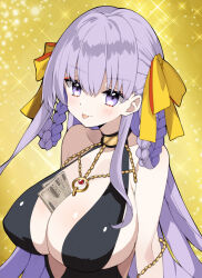  bare_shoulders black_dress breasts center_opening collarbone dress fate/grand_order fate_(series) female hair_ribbon highres large_breasts long_hair looking_at_viewer object_on_breast purple_eyes purple_hair ribbon solo tongue tongue_out u_hasumi69 upper_body yellow_background yellow_ribbon 