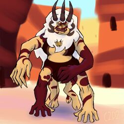  4_arms 4_legs anthro c2d2 color dessert digital_media_(artwork) fangs female fusion gem gem_(species) hooves horns markings mesa_(landscape) muscular_female outdoors shaded sky steven_universe two_tone_body white_hair yellow_eyes zebra_jasper_(steven_universe) 