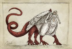  animal_humanoid avian bird blonde_hair chimera claws deidad_dissitum delicious_in_dungeon digital_media_(artwork) dragon dragon_humanoid falin_touden feathers female hair hi_res humanoid hybrid mixed_media mythological_creature mythological_scalie mythology red_body red_scales scales scalie solo taur traditional_media_(artwork) white_body white_feathers 