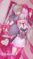  2girls absurdres apron black_dress black_sailor_collar black_serafuku box candy chains chocolate dress food food_in_mouth grey_eyes grey_hair hair_ornament headgear headphones heart heart-shaped_chocolate heart_hair_ornament highres in_box in_container liv:_eclipse_(maid_of_time)_(punishing:_gray_raven) liv_(punishing:_gray_raven) maid_apron maid_headdress multiple_girls nanami:_pulse_(punishing:_gray_raven) nanami_(punishing:_gray_raven) official_alternate_costume pink_eyes ponytail punishing:_gray_raven sailor_collar school_uniform serafuku short_sleeves sidelocks symbol-shaped_pupils valentine 