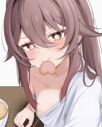  alternate_costume blush breasts brown_hair casual collarbone cookie female flower-shaped_pupils food food_in_mouth genshin_impact hair_between_eyes heart heart-shaped_cookie heart-shaped_food hu_tao_(genshin_impact) komor_yuki long_hair looking_at_viewer off-shoulder_shirt off_shoulder oversized_clothes oversized_shirt red_eyes shirt sideboob simple_background single_off_shoulder small_breasts smile smug solo symbol-shaped_pupils table twintails upper_body wavy_mouth white_background white_shirt 