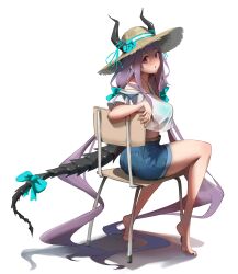  absurdly_long_hair absurdres alternate_costume aqua_bikini aqua_bow aqua_flower aqua_ribbon arknights bare_shoulders barefoot bikini black_horns black_tail blue_shorts bow brown_hat chair chinese_commentary citrushn_(sushimiganbo) commentary_request crop_top crop_top_overhang cropped_shirt denim denim_shorts female flower full_body hat hat_flower hat_ribbon highres horn_ornament horn_ribbon horns horns_through_headwear long_hair looking_at_viewer off_shoulder on_chair parted_lips pink_eyes purple_hair ribbon see-through see-through_shirt shirt short_sleeves shorts simple_background sitting solo straw_hat sun_hat swimsuit tail tail_bow tail_ornament turning_head typhon_(arknights) very_long_hair white_background white_ribbon white_shirt 