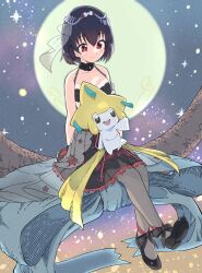  bad_id bad_twitter_id bare_shoulders black_choker black_dress black_footwear black_hair bow breasts choker closed_mouth commentary_request commission crossover dress female full_body full_moon grey_pantyhose hairbow jirachi looking_down moon night night_sky original outdoors pantyhose pokemon pokemon_(creature) red_eyes shoes short_hair sitting sitting_on_branch skeb_commission sky sleeveless sleeveless_dress small_breasts smile star_(sky) starry_sky yurai0739 