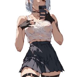  ai-generated anby_demara artist_name black_gloves black_skirt cellphone covered_nipples gloves no_bra non-web_source phone see-through see-through_shirt shirt skirt smartphone tagme tattoo wet wet_clothes wet_shirt white_background white_hair white_shirt zenless_zone_zero 