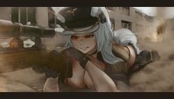  animal_ears black_choker black_gloves black_hat black_jacket black_panties black_pants breasts building choker cleavage collarbone dgkamikaze discordia_(vtuber) epaulettes explosion eyelashes female fox_ears fox_girl fox_tail gloves gun hat highres holding holding_gun holding_weapon indie_virtual_youtuber jacket large_breasts lying on_stomach panties pants peaked_cap red_eyes rifle second-party_source sniper_rifle solo tail underwear virtual_youtuber weapon white_hair 