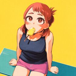  bench black_tank_top blush boku_no_hero_academia breasts brown_eyes brown_hair female food food_in_mouth highres looking_at_viewer medium_breasts medium_hair mouth_hold pink_shorts popsicle popsicle_in_mouth short_hair shorts sitting solo tabetai_omochi tank_top thighs uraraka_ochako yellow_background 