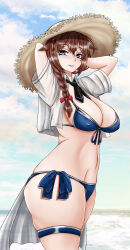  arms_behind_head bikini black_neckerchief blue_bikini blue_eyes blue_sky braid breasts brown_hair brown_hat cloud cowboy_shot day female front-tie_bikini_top front-tie_top hair_flaps hair_over_shoulder hat highres kantai_collection large_breasts long_hair neckerchief official_alternate_costume open_clothes open_shirt outdoors shigure_(kancolle) shigure_kai_san_(kancolle) shigure_kai_san_(swimsuit)_(kancolle) side-tie_bikini_bottom single_braid sky smile solo standing straw_hat sun_hat swimsuit thick_thighs thighs tk_(butakuma) 