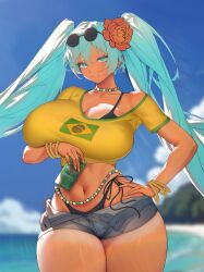  absurdres aqua_eyes aqua_hair arm_under_breasts beach bead_choker belly_chain bikini bikini_under_clothes bikini_under_shorts black-framed_eyewear bracelet brazilian_flag_print brazilian_miku bread-n-butter breasts can dark-skinned_female dark_skin denim denim_shorts eyewear_on_head female flower hair_flower hair_ornament hand_on_own_hip hatsune_miku highres holding holding_can huge_breasts jewelry long_hair looking_at_viewer multicolored_nails multiple_bracelets nail_polish narrow_waist navel off_shoulder shorts shorts_tan side-tie_bikini_bottom smile sunglasses swimsuit tan tanline_peek tanlines thick_thighs thighs twintails vocaloid wide_hips 