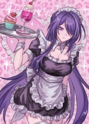  acheron_(honkai:_star_rail) alternate_costume apron black_dress breasts character_name cleavage closed_mouth collarbone commentary_request cowboy_shot cup cupcake dress enmaided female food hair_over_one_eye highres holding holding_tray honkai:_star_rail honkai_(series) large_breasts long_hair looking_at_viewer maid maid_headdress multicolored_hair pink_theme purple_eyes purple_hair sidelocks solo streaked_hair tray very_long_hair waist_apron white_apron white_wrist_cuffs wrist_cuffs xi7l7xd9ha37528 