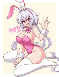  2023 ahoge animal_ears border bow bowtie breasts chinese_zodiac cleavage fake_animal_ears fake_tail female grey_hair highleg highleg_leotard large_breasts leotard long_hair neck_ribbon no_shoes open_mouth pink_bow pink_bowtie pink_leotard playboy_bunny purple_eyes ribbon senki_zesshou_symphogear simple_background sitting smile solo tail thank_you thighhighs thighs wariza waving_hands white_border white_thighhighs wrist_cuffs year_of_the_rabbit yellow_background yukine_chris zetsumu 