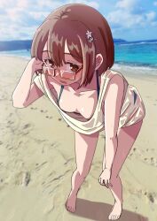  absurdres barefoot beach bikini blue_bikini bob_cut breasts brown_eyes brown_hair center-flap_bangs cleavage cloud cloudy_sky double-parted_bangs female full_body hair_ornament hairclip hakuino_hakase hand_in_own_hair hand_on_own_knee highres leaning_forward looking_at_viewer no_pants ocean open_mouth original outdoors photo_background rectangular_eyewear red-framed_eyewear semi-rimless_eyewear shirt short_hair sky solo standing swimsuit toes white_shirt 