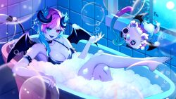  absurdres armlet bath bathing bikini black_bikini black_horns black_wings blue_eyes blue_hair blue_nails braid breasts bubble bubble_bath cleavage collar collarbone colored_skin commission crossed_legs curled_horns demon_girl demon_wings female foam fream_(vtuber) green_nails grey_skin heterochromia highres horns indie_virtual_youtuber jewelry multicolored_hair nail_polish open_mouth pink_eyes pink_hair pointy_ears senkanaki64 sharp_teeth skeb_commission spiked_armlet spiked_collar spikes swimsuit teeth tile_wall tiles toenail_polish toenails two-tone_hair virtual_youtuber wings 