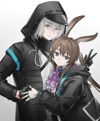  1boy absurdres amiya_(arknights) animal_ears arknights ascot black_coat black_gloves black_jacket blue_collar blue_eyes brown_hair closed_mouth coat collar doctor_(arknights) female frilled_ascot frills gloves grey_hair hair_between_eyes highres holding_hands hood hood_up hooded_coat jacket jewelry jsjdndhidnshssj long_sleeves looking_at_viewer male_doctor_(arknights) multiple_rings open_clothes open_coat open_jacket ponytail purple_ascot rabbit_ears rabbit_girl ring shirt smile upper_body v white_shirt 