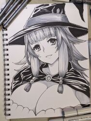  blush breasts charlotte_wraith cleavage dress female greyscale hat highres large_breasts large_hat looking_at_viewer medium_hair monochrome open_mouth photoshop_(medium) robe solo teeth tensei_kizoku_kantei_skill_de_nariagaru traditional_media tsujizen upper_body witch_hat 