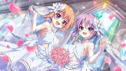  2girls :d ahoge alternate_hair_length alternate_hairstyle aqua_eyes blue_eyes blue_flower blue_sky blush bouquet bridal_veil church clothing_cutout cloud day dress dutch_angle falling_petals film_grain flower flower_request game_cg hair_flower hair_ornament hair_up hand_up holding holding_bouquet indoors izumi_tsubasu jewelry lens_flare long_hair looking_at_viewer matching_outfits multiple_girls non-web_source oerba_yun_fang official_art open_mouth orange_hair petals pink_flower pink_petals pink_rose purple_hair re:stage! ring rose see-through see-through_sleeves shikimiya_mana short_hair sidelocks sky smile sparkle stomach_cutout tsukisaka_sayu veil wedding_dress wedding_ring white_dress white_flower 