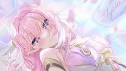  bare_shoulders character_name corset dated elf elysia_(herrscher_of_human:_ego)_(honkai_impact) elysia_(honkai_impact) female gloves hair_between_eyes highres honkai_(series) honkai_impact_3rd long_hair looking_at_viewer multicolored_background pink_hair pointy_ears purple_eyes shaxiao smile solo white_corset white_gloves 