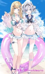  2girls aizawa_ema aqua_bikini aqua_hair bikini blonde_hair blue_eyes breasts cleavage closed_mouth cloud cloudy_sky double_bun fishnet_socks fishnets gradient_hair grey_hair hair_bun highres hinakisara kaga_sumire long_hair looking_at_viewer multicolored_hair multiple_girls navel open_mouth outdoors single_sock sky smile socks standing stomach swimsuit virtual_youtuber vspo! white_bikini 