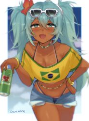  alternate_skin_color aqua_eyes aqua_hair bikini black_bikini blue_shorts blush brazilian_flag brazilian_miku breasts can crop_top dark-skinned_female dark_skin eyewear_on_head female flower gremlinbon hair_flower hair_ornament hatsune_miku highres holding holding_can long_hair medium_breasts midriff navel open_mouth shirt shorts solo stomach swimsuit twintails very_long_hair vocaloid yellow_shirt 