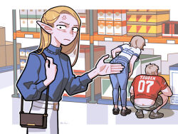  1boy 2girls anger_vein bag blonde_hair butt_crack character_name costco denim dungeon_meshi falin_touden from_behind full_body genice_chan handbag indoors jeans jersey laios_touden long_sleeves marcille_donato multiple_girls pants shop shorts squatting 