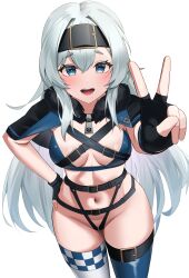  :d asymmetrical_legwear azur_lane belt bikini black_belt black_bikini black_gloves blue_bikini blue_capelet blue_eyes blue_thighhighs bon_homme_richard_(azur_lane) borrowed_design breasts capelet cleavage commentary commission cowboy_shot female fingerless_gloves fur-trimmed_capelet fur_trim gloves grey_hair groin hair_belt hair_between_eyes hand_on_own_hip highleg highleg_bikini highres long_hair looking_at_viewer medium_breasts mismatched_legwear navel open_mouth pixiv_commission race_queen revealing_clothes sidelocks simple_background skindentation smile solo standing stomach swimsuit teeth thick_eyebrows thighhighs upper_teeth_only v very_long_hair white_background white_thighhighs wynnblue zipper_pull_tab 