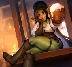  1girls 2024 alcohol angy_(sasha_khmel) beer_mug black_hair blush boots clothing crossed_legs detailed_background earrings female female_only goblin goblin_female green_skin hi_res leaning_on_elbow long_hair looking_at_viewer pointy_ears purple_eyes red_highlights shtolets sitting sitting_on_table smiling smiling_at_viewer solo thigh_strap tuft two_tone_hair white_hair 