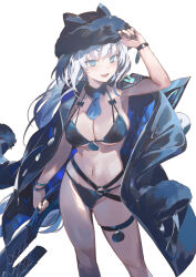  animal_ears bikini black_bikini black_hat black_jacket blue_eyes bracelet breasts cat_ears cat_girl cat_tail cleavage detached_collar dobrynya_nikitich_(fate) dobrynya_nikitich_(swimsuit_lancer)_(fate) dobrynya_nikitich_(swimsuit_lancer)_(first_ascension)_(fate) fate/grand_order fate_(series) female fur-trimmed_headwear fur_trim hat highres jacket jacket_on_shoulders jewelry kaerunoko large_breasts long_hair navel necktie open_mouth smile solo swimsuit tail thighs weapon white_hair 