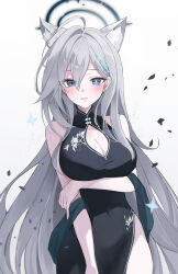  absurdres ahoge alternate_costume animal_ear_fluff animal_ears arm_under_breasts bare_shoulders black_dress black_eyes black_halo blue_archive blush breasts broken_halo china_dress chinese_clothes cleavage cleavage_cutout clothing_cutout commentary_request dress female grey_hair hair_between_eyes hair_intakes halo hand_on_own_arm highres jogabi large_breasts long_hair looking_at_viewer mismatched_pupils shiroko_(blue_archive) shiroko_terror_(blue_archive) side_slit solo wolf_ears wolf_girl 