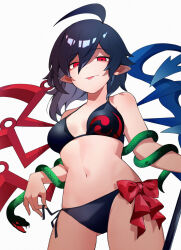  adapted_costume ahoge asymmetrical_wings bikini black_bikini black_hair black_wings blue_wings bow breasts ch00suke closed_mouth commentary_request cowboy_shot female hair_between_eyes highres houjuu_nue huge_ahoge long_bangs looking_at_viewer medium_breasts navel pointy_ears red_bow red_eyes shaded_face short_hair simple_background smile snake solo swimsuit tomoe_(symbol) tongue tongue_out touhou white_background wings 